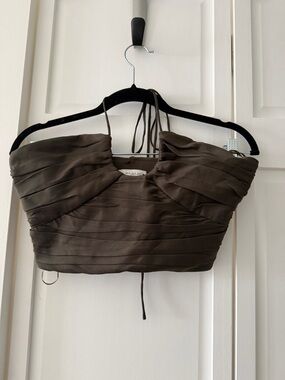 Zara Ruched Satin Crop Top — Chocolate Brown Halter, Size S